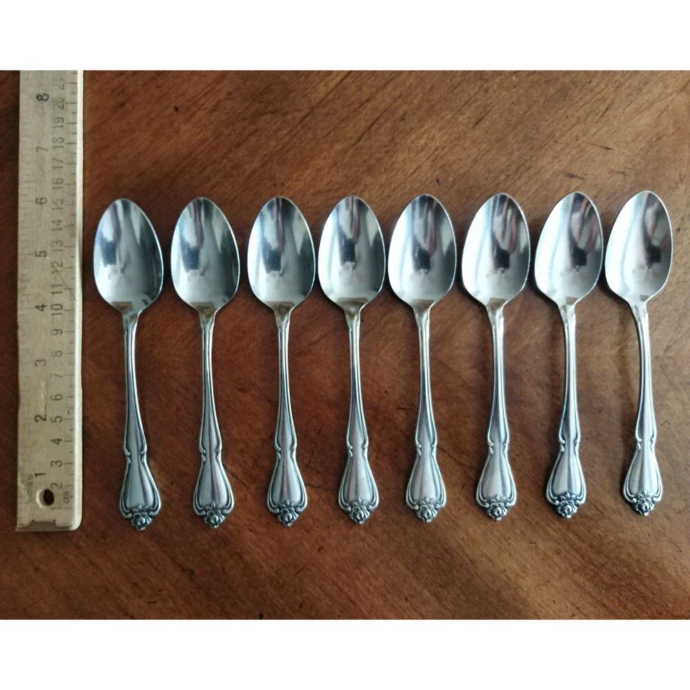 1881 Rogers Oneida Ltd Arbor Rose True Rose Stainless: Lot of 8x Teaspoon 6